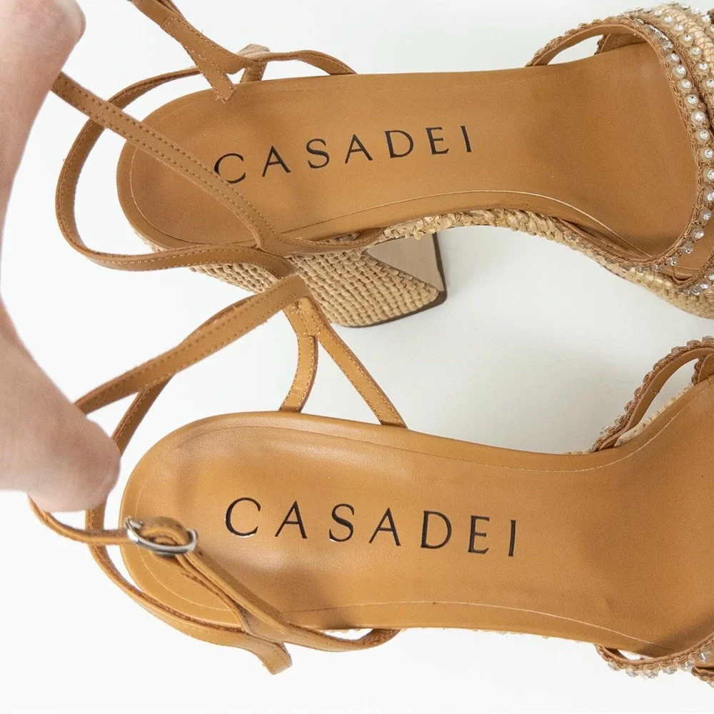 NEW Casadei Limelight Platform Sandals (Sz 38.5) Chunky Heel Crystal Raffia
